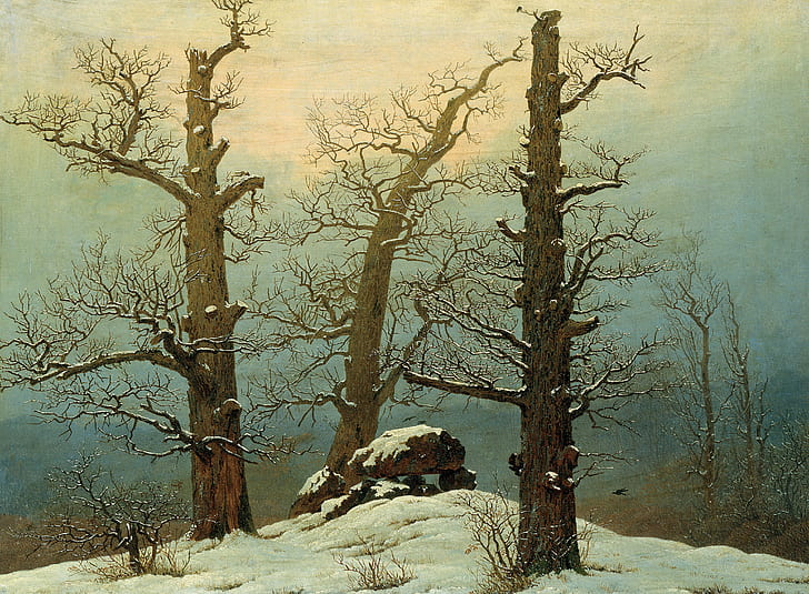 winter, trees, landscape, stones, picture, Caspar David Friedrich