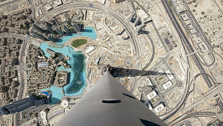 skyscraper, building, Dubai, Burj Khalifa, road, shadow, top view, HD wallpaper