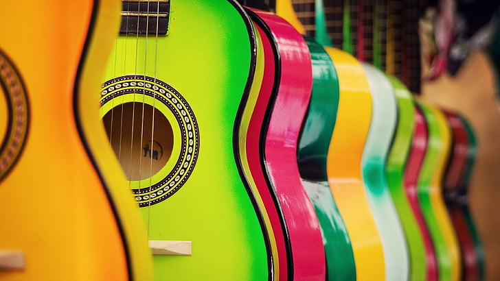 colorful, guitar, instruments, shop, sale