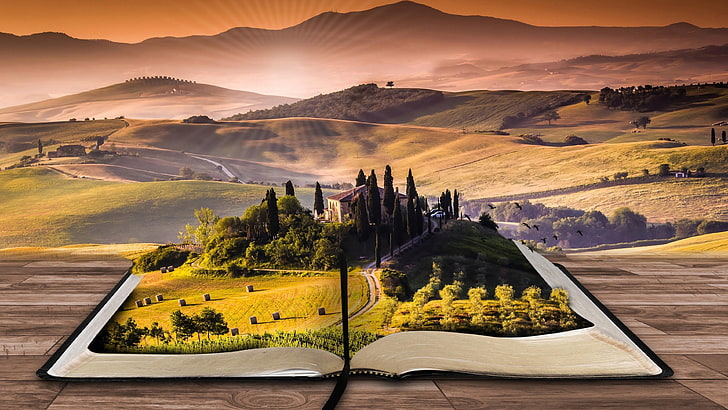 nature, dreamland, book, mountains, tale, illusion, HD wallpaper