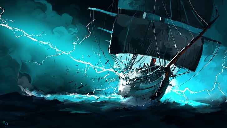 fantasy art, storm, ship, sea, artwork, Dominik Mayer, cyan