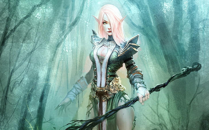 female character digital wallpaper, fantasy art, elves, pink hair
