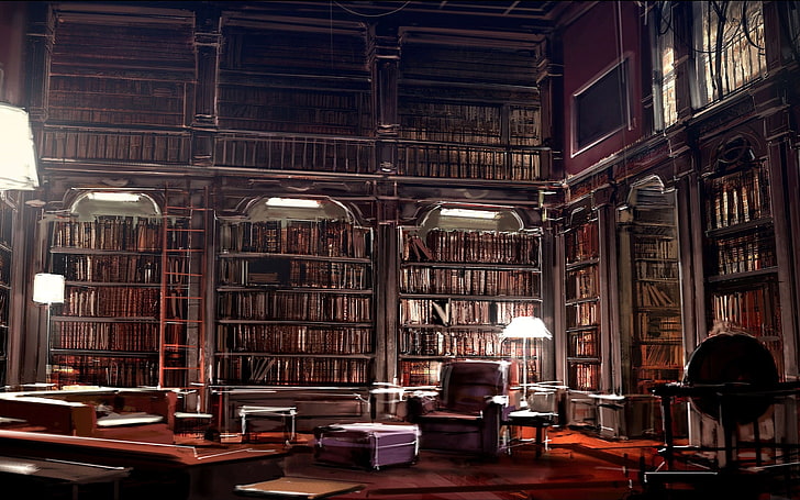 brown armchair, literature, books, library, artwork, digital art