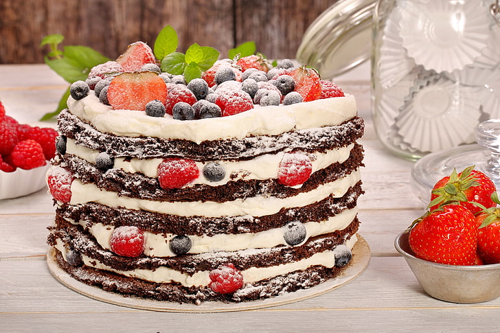 food, cake, strawberries, blueberries, dessert, chocolate, fruit