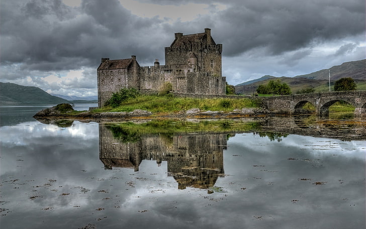 gray stone castle, building, HDR, lake, Scotland, UK, reflection