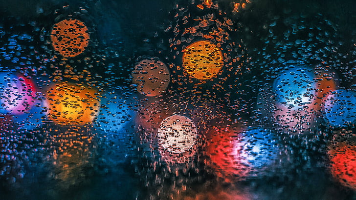 waterdrops, bokeh lights, raindrops, glass, car glass, window, HD wallpaper
