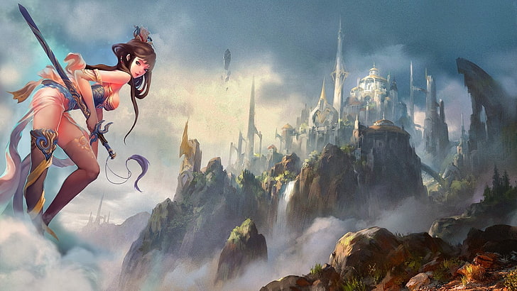 girl animated painting, fantasy art, xianxia, sky, nature, cloud - sky, HD wallpaper