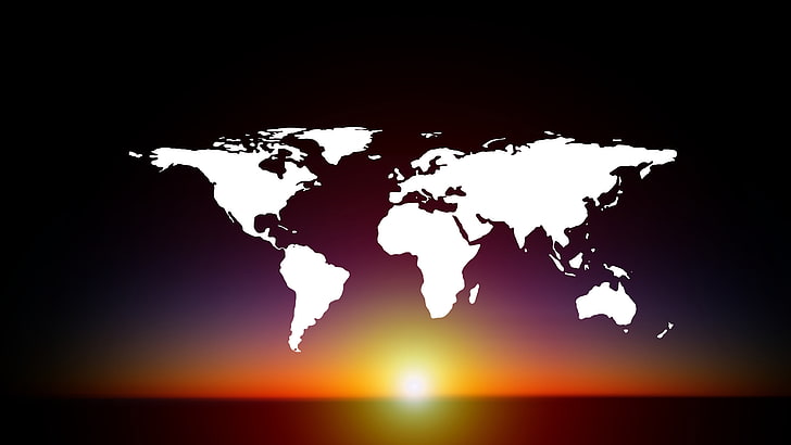 sun, world, map, continents, world map, graphics, earth, darkness, HD wallpaper