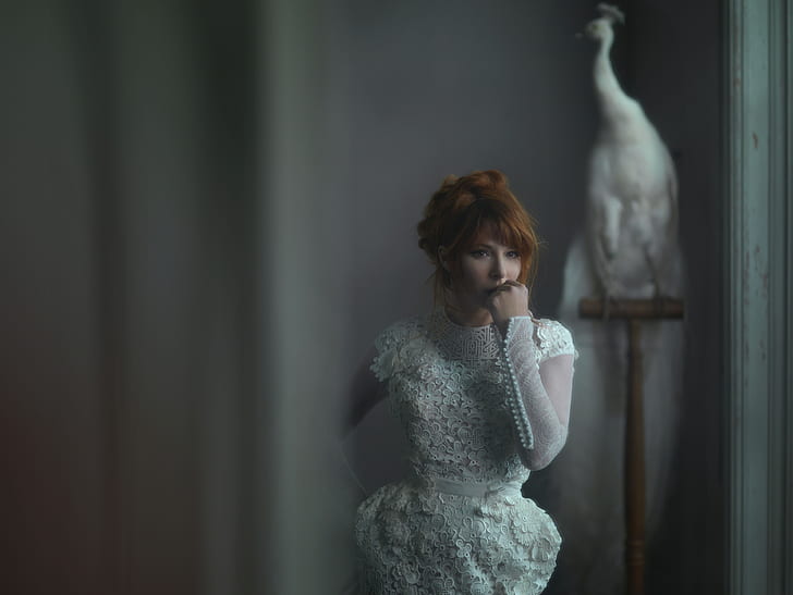 Mylène Farmer, redhead, singer, French, white dress, lace