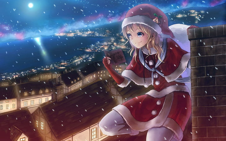Santa girl, blonde hair female anime character, 2560x1600, santa claus