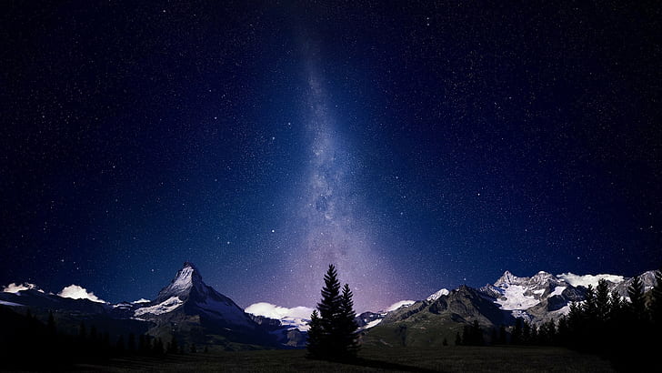 stars, trees, nature, mountains, Milky Way