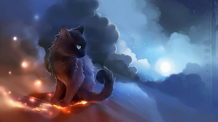 artwork cat anime glowing clouds apofiss, animal themes, one animal, HD wallpaper