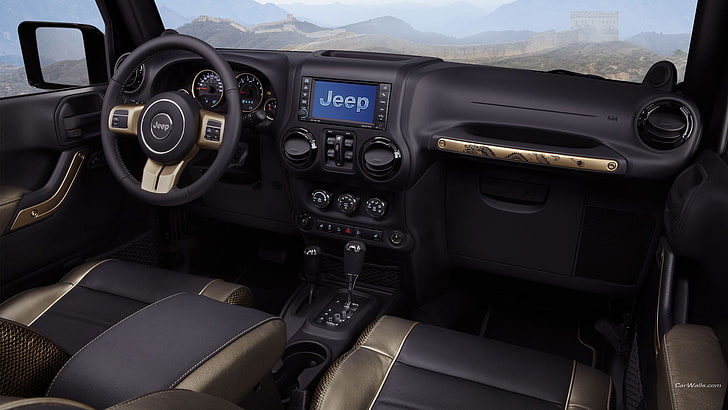 black Jeep steering wheel, Jeep Wrangler, car interior, vehicle