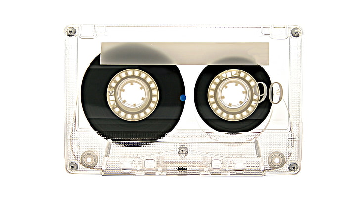 clear and black cassette tape, audio, white background, studio shot