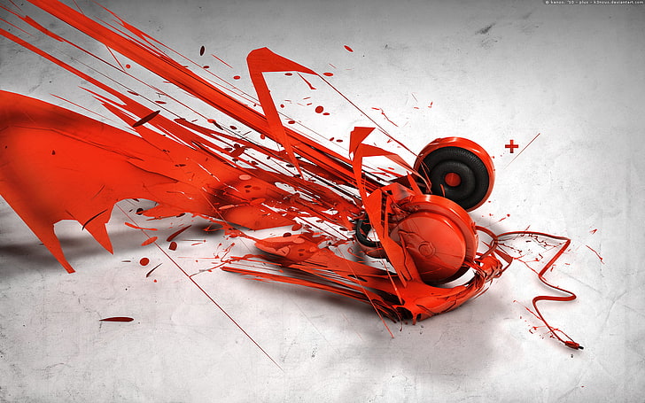 red headphones with paint wallpaper, music, digital art, indoors