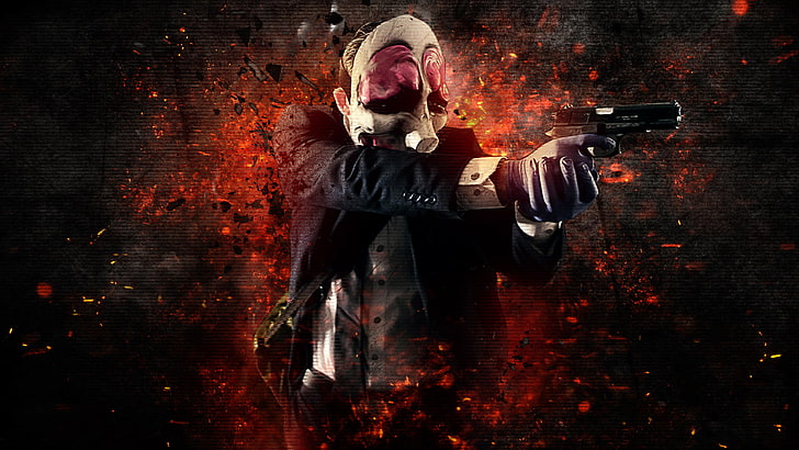 man with gun illustration, Background, Weapon, Money, Mask, Payday: The Heist, HD wallpaper