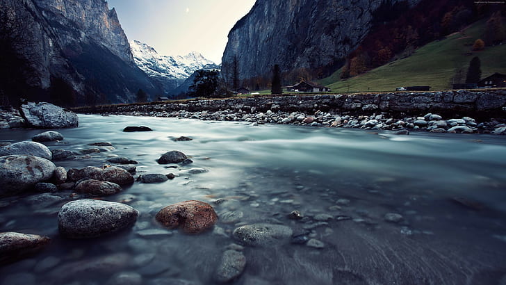 mountains, river, rocks, Switzerland, 4k