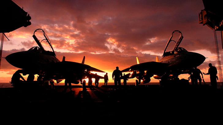 aircraft, aviation, carriers, f 14, sunset, tomcat