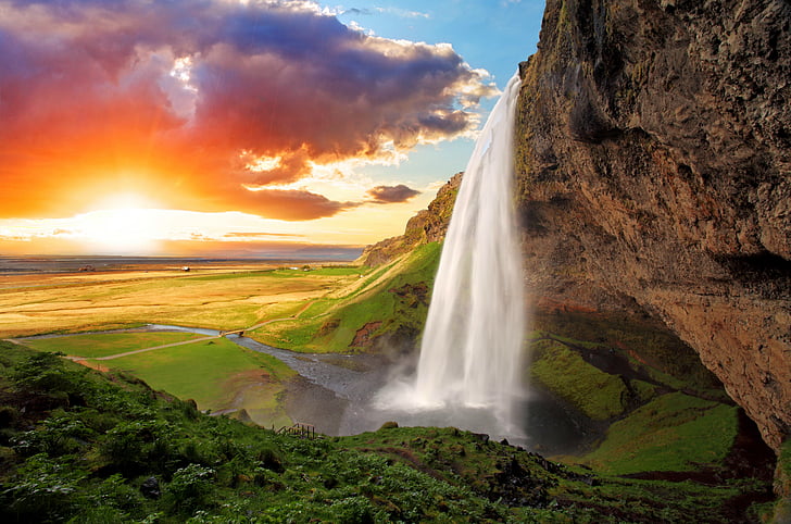 waterfalls surround by trees, Seljalandsfoss, Iceland, HD, 4K