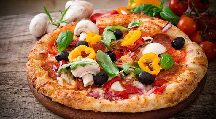 food, pizza, vegetables, tomatoes, olives