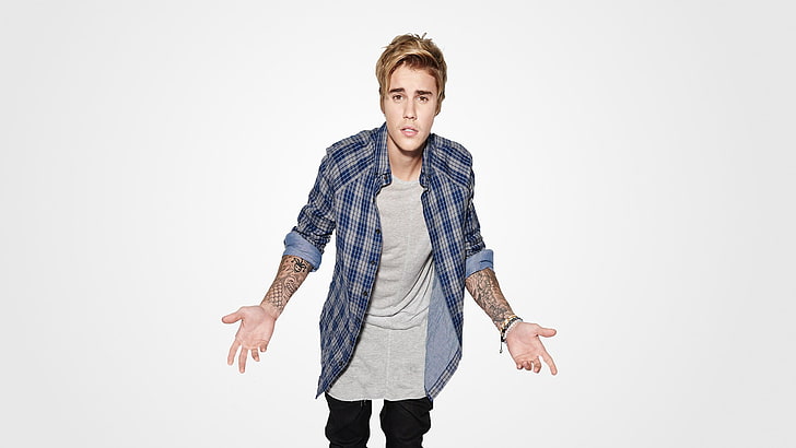 Justin Bieber, studio shot, one person, white background, front view