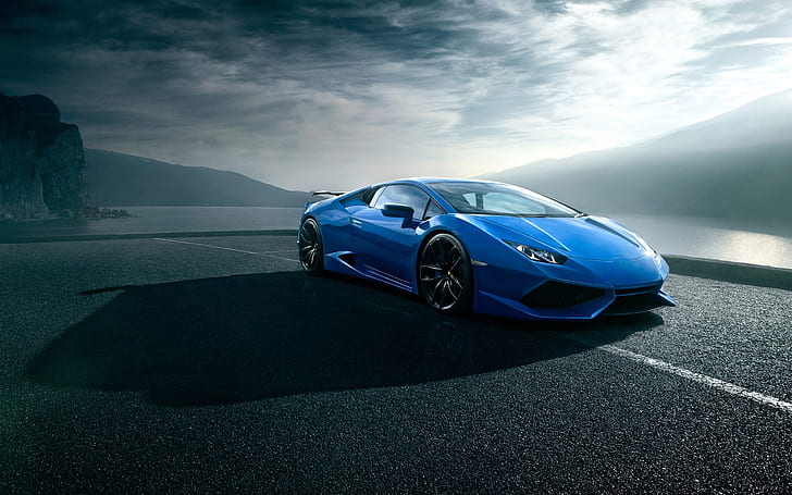 Lamborghini Huracan blue luxury supercar, road, clouds