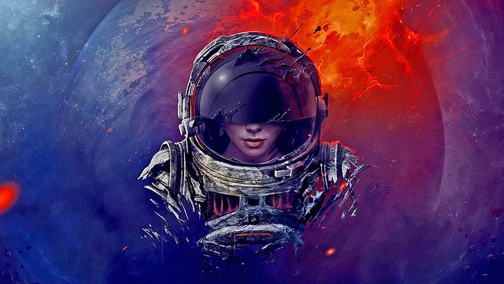 astronaut wallpaper, digital art, spacesuit, helmet, universe