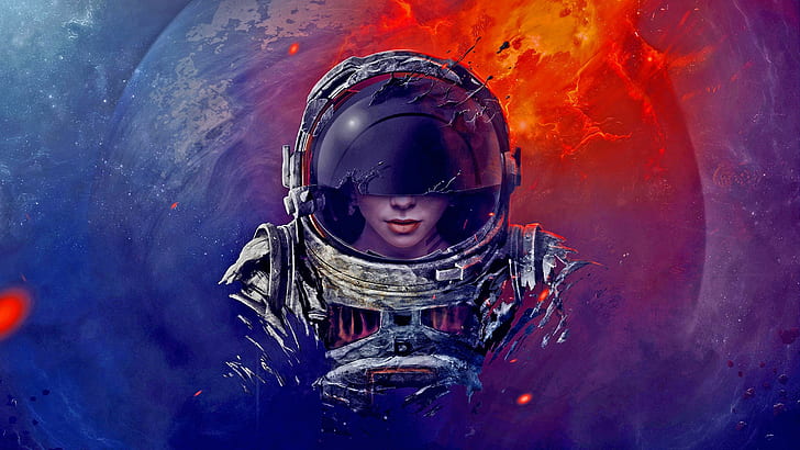 space, astronaut, nebula, galaxy, spacesuit, women, digital art, HD wallpaper