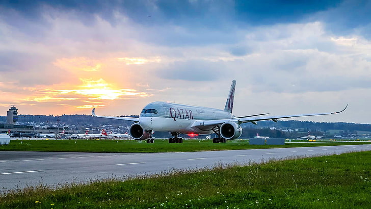 qatar a350, airline, airplane, airport, sky, cloud, air vehicle, HD wallpaper