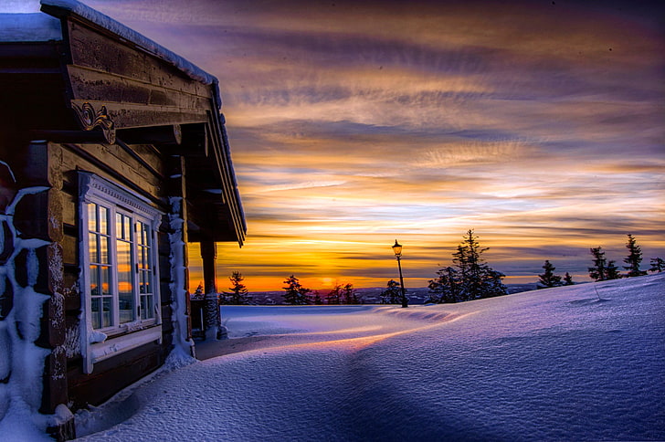 brown and white house, winter, snow, cold temperature, sky, sunset