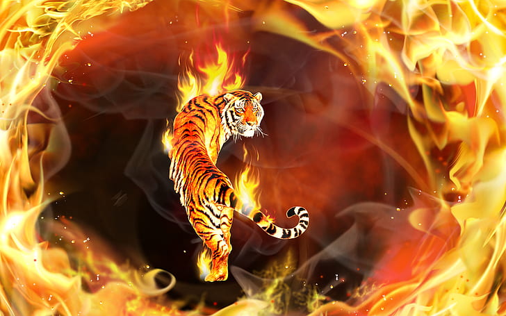Fantasy Animals, Tiger, 3D, Abstract, CGI, Digital Art, Fire, HD wallpaper