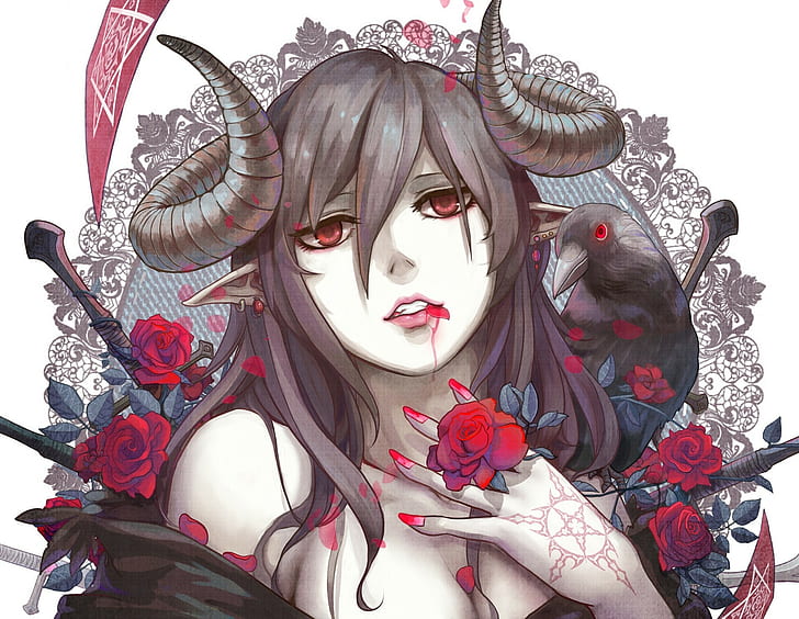 horns, anime girls, demon, succubus, fantasy girl, painted nails