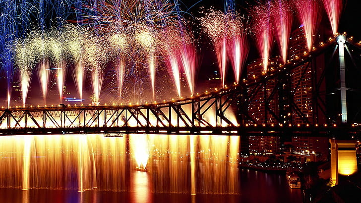 Impressive Fireworks HD, 4th of july, bridge