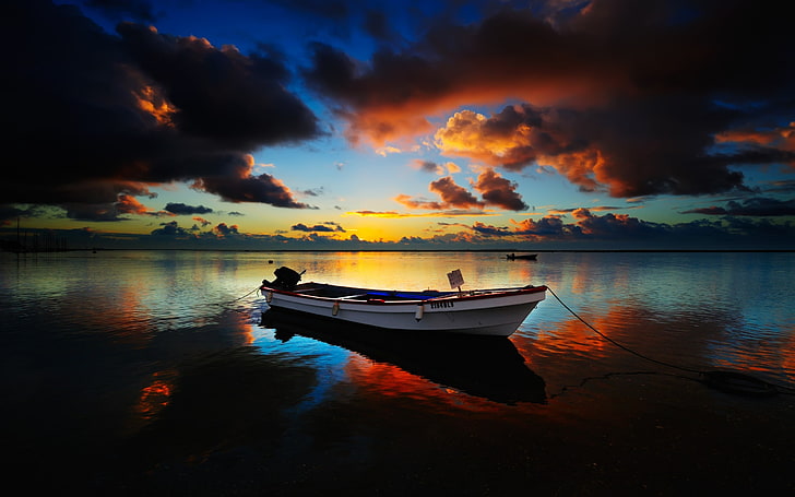 landscape, nature, boat, sunset, calm, clouds, horizon, sky, HD wallpaper