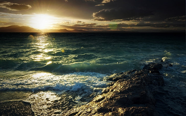 sea, coast, sunlight, sky, water, beauty in nature, sunset, HD wallpaper