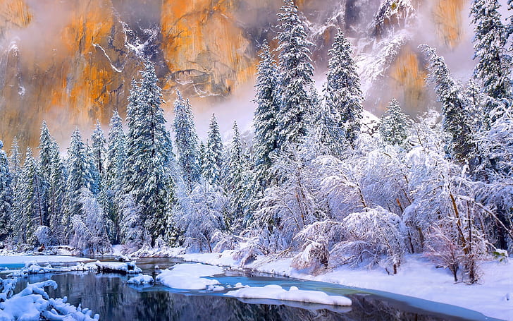 USA, California, Yosemite National Park, winter, forest, river, snow, HD wallpaper