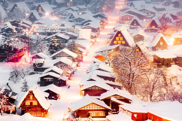 winter, snow, home, Japan, village, houses, Shirakawa-go, Shirakawa-go Village