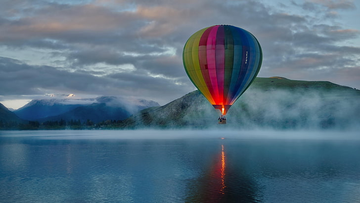 hot air ballooning, misty, lake, morning, landscape, sky, cloud - sky, HD wallpaper
