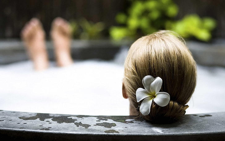 white frangipani flower, girl, hair, bath, foam, women, relaxation