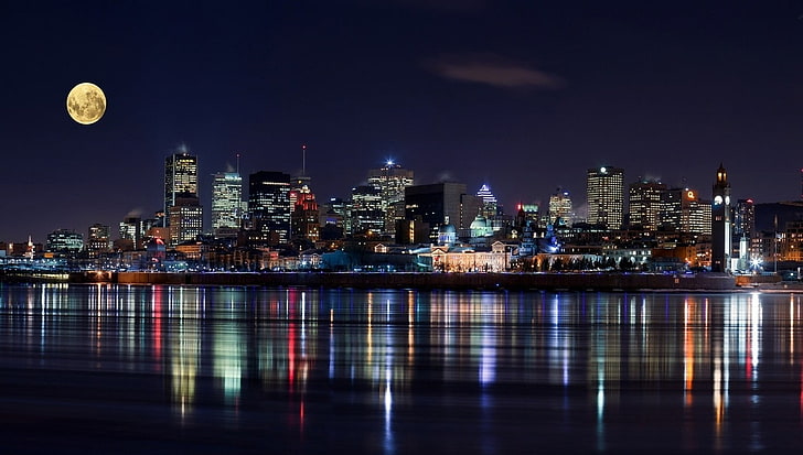 city skyline, long exposure, Montreal, Canada, cityscape, skyscraper, HD wallpaper