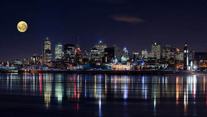 skyscraper, Moon, reflection, night, river, modern, urban, Montreal, HD wallpaper