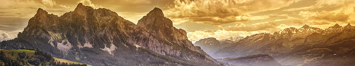 rock mountain, Grosser Mythen, Switzerland, Europe, gold, green, HD wallpaper