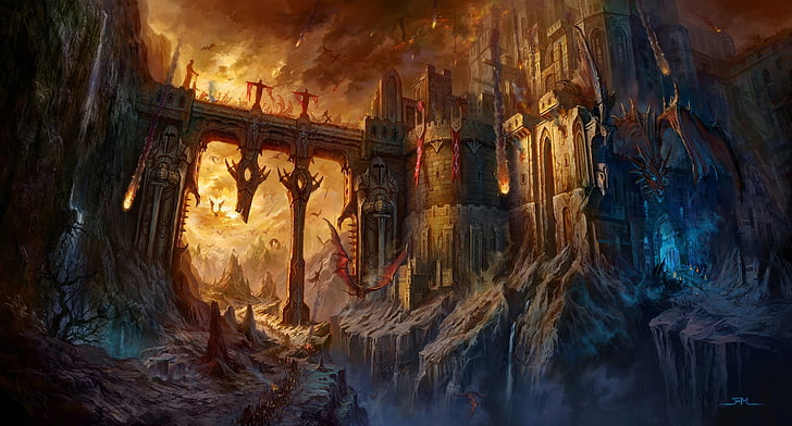 brown castle game poster, dragon, fantasy art, city, fire, fantasy city