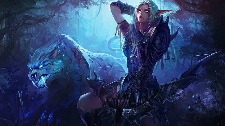 archer woman painting, World of Warcraft, Night Elves, bow and arrow