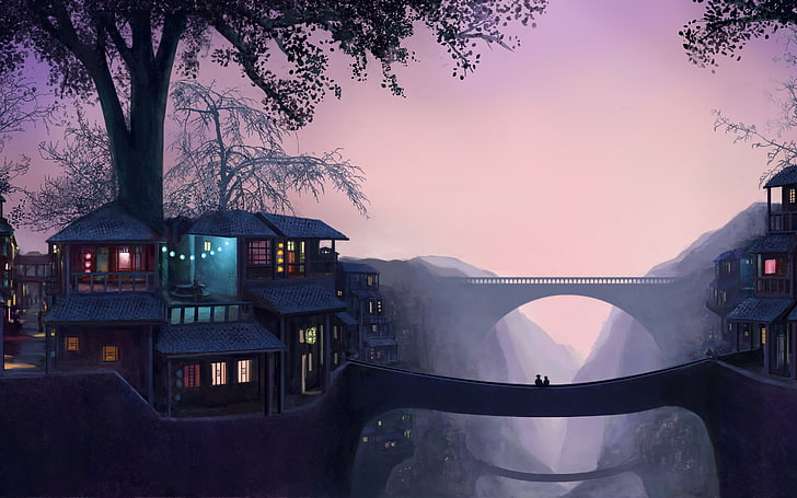 bridge between buildings, artwork, fantasy art, house, tree, plant