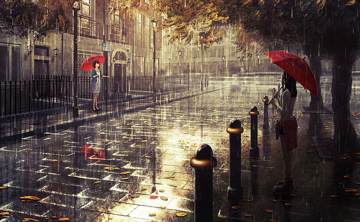 woman under red umbrella standing near road painting, rain, London, HD wallpaper