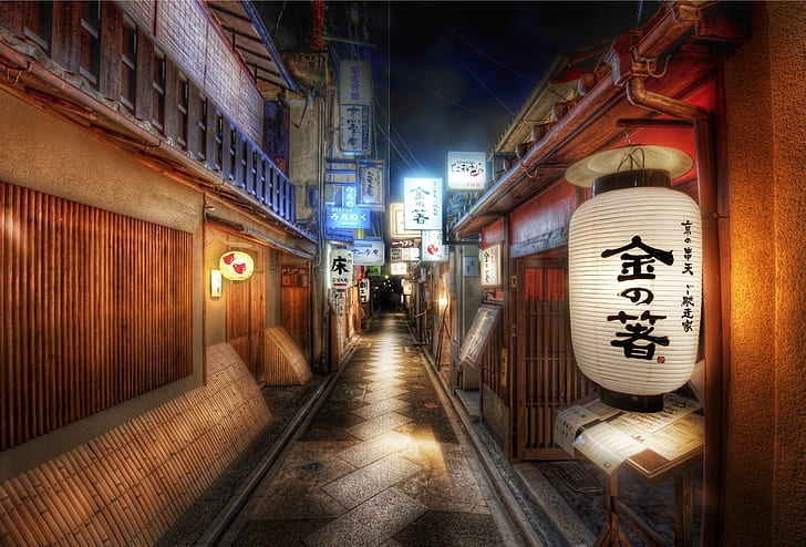 Cities, Kyoto, Alley, Japan, Lantern, Night, Street