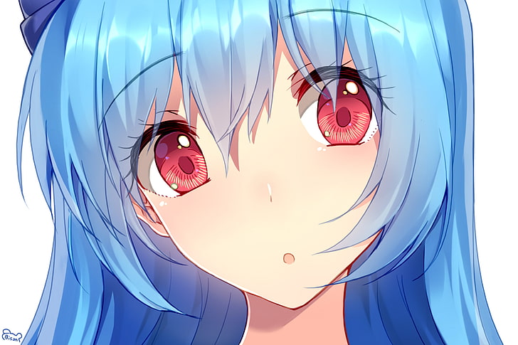 anime girl, face view, close-up, red eyes, aqua hair, blue