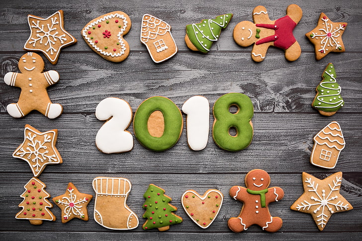 2018 bread decolr, 2018 (Year), food, sweets, cookies, Christmas, HD wallpaper