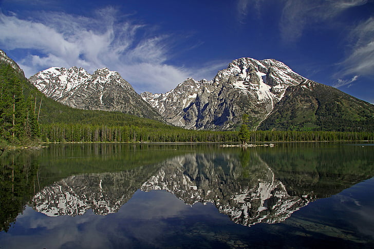 forest, grand, lake, moran, mount, mountains, reflection, teton